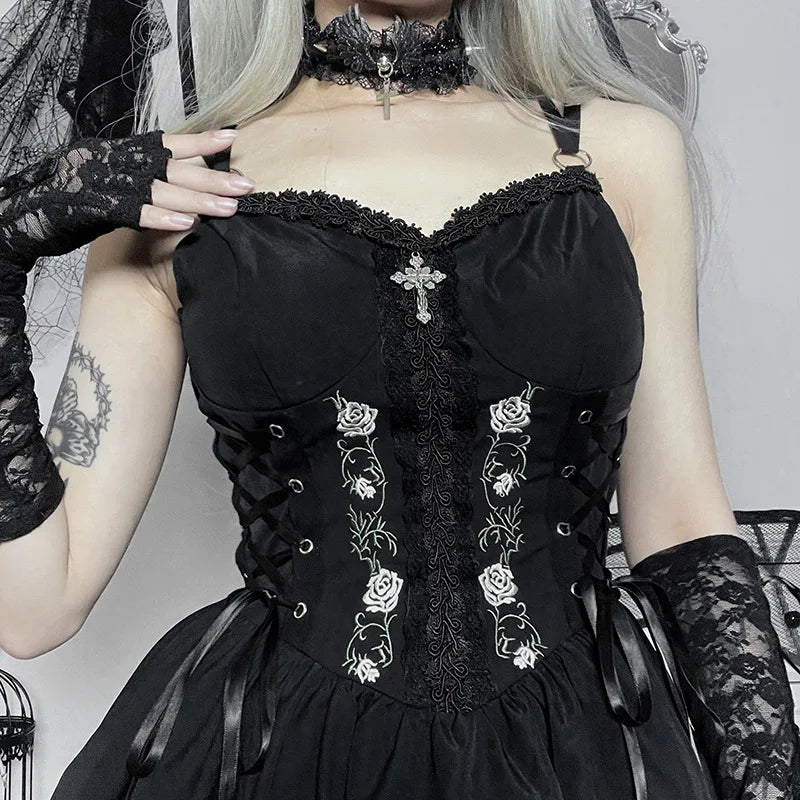 Goth Dark Lolita Gothic Aesthetic Bandage Corset Dresses Grunge Style Black Embroidery Emo Dress Women A-line Party Alt Clothes