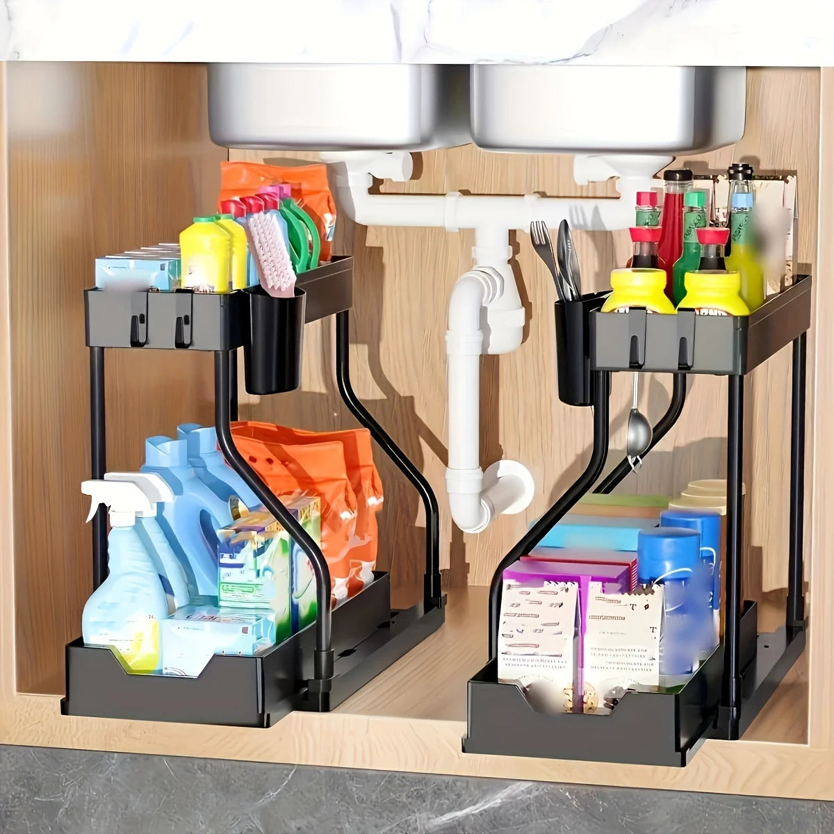 Space Saving 2 Tier Pull Out Storage Box Durable Large Capacity Kitchen Bathroom Essential Drawer Organizer