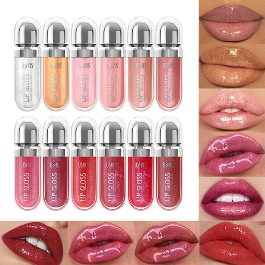 USHAS 12 colors mirror fine flash liquid lipstick pearlescent color waterproof sweatproof non-stick cup lip gloss