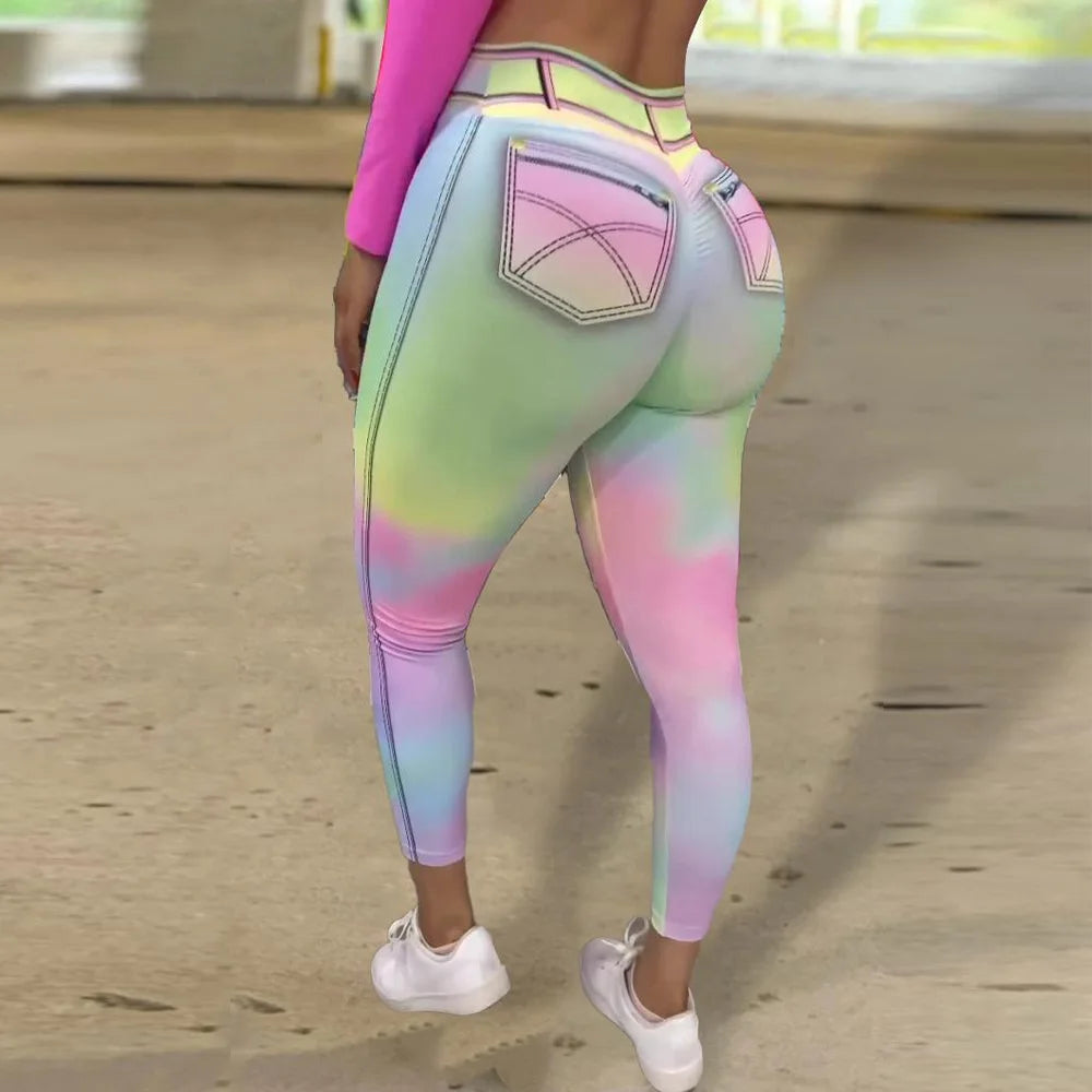 Hot Tie-dye Colorful Women's Imitation Denim Leggings Large Size Sports Yoga Pants