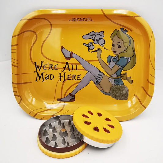Cookie Metal Grinder Shape 55mm Biscuit  Grinder with Tinplate Rolling Tray 7x5.5" Kit Crusher 2 Layer Dried Flowers  Grass Set