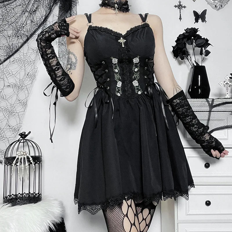 Goth Dark Lolita Gothic Aesthetic Bandage Corset Dresses Grunge Style Black Embroidery Emo Dress Women A-line Party Alt Clothes