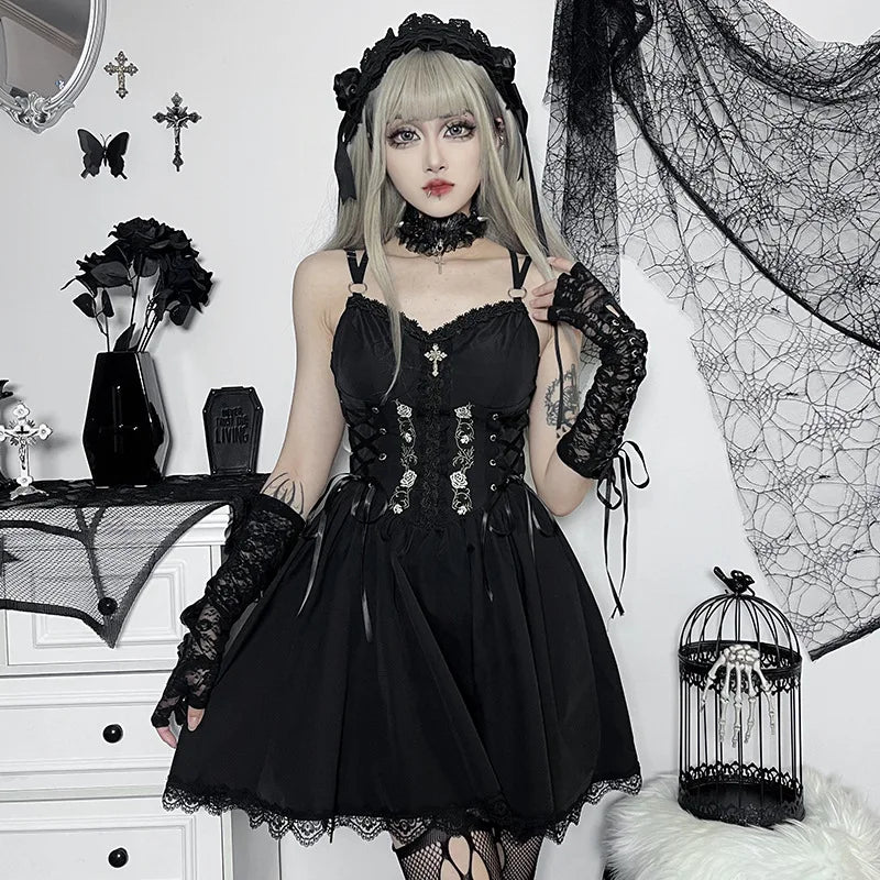 Goth Dark Lolita Gothic Aesthetic Bandage Corset Dresses Grunge Style Black Embroidery Emo Dress Women A-line Party Alt Clothes