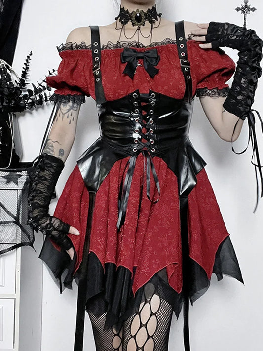 AltGoth Dark Gothic Dress Women High Waist Lace Patchwork Puff Sleeve Vintage Dresses Harajuku Fairycore  Streetwear Dresses