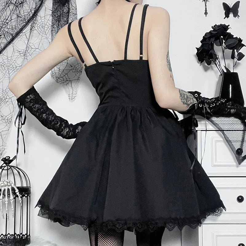 Goth Dark Lolita Gothic Aesthetic Bandage Corset Dresses Grunge Style Black Embroidery Emo Dress Women A-line Party Alt Clothes