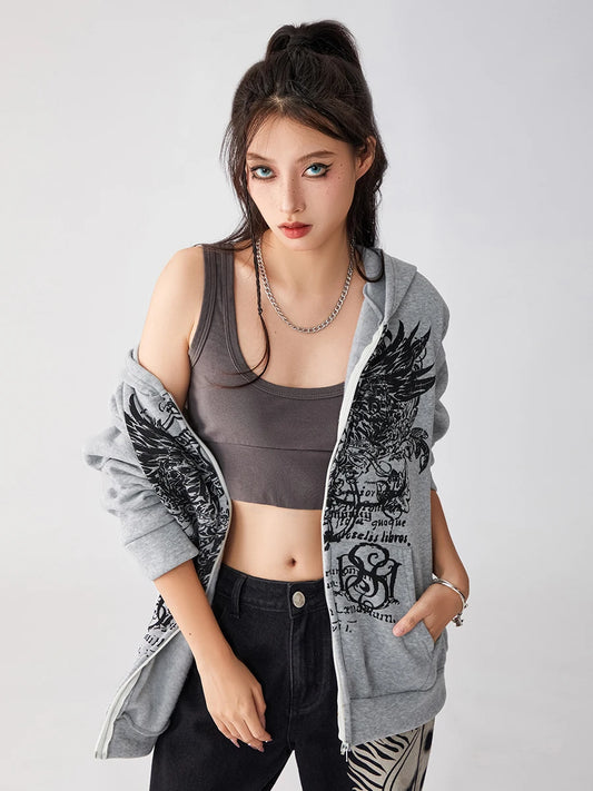 Women s Full Zip Hoodies Vintage Wings Print Long Sleeve Oversized Sweatshirts Grunge Jackets