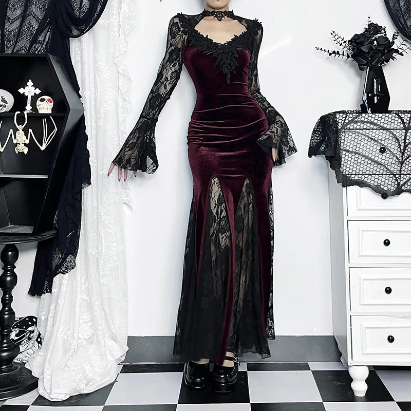 Aesthetic Gothic Midi Dress Women Vintage Split Maxi Dresses Vintage Black Velvet Chain Patchwork Bodycon Long Dress Grunge Robe