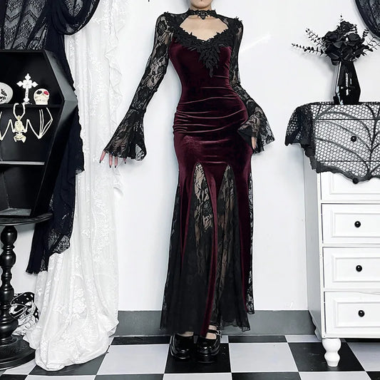 Aesthetic Gothic Midi Dress Women Vintage Split Maxi Dresses Vintage Black Velvet Chain Patchwork Bodycon Long Dress Grunge Robe