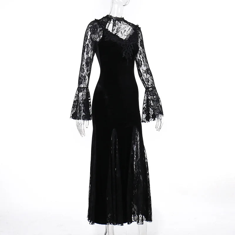 Aesthetic Gothic Midi Dress Women Vintage Split Maxi Dresses Vintage Black Velvet Chain Patchwork Bodycon Long Dress Grunge Robe