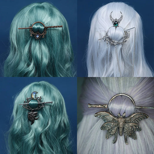 Enthic Viking Punk Witch Stick Hairpin Chunky Moth Hair Stick Cosplay Halloween Party Costumes Props Gothic Nordic Headpiece