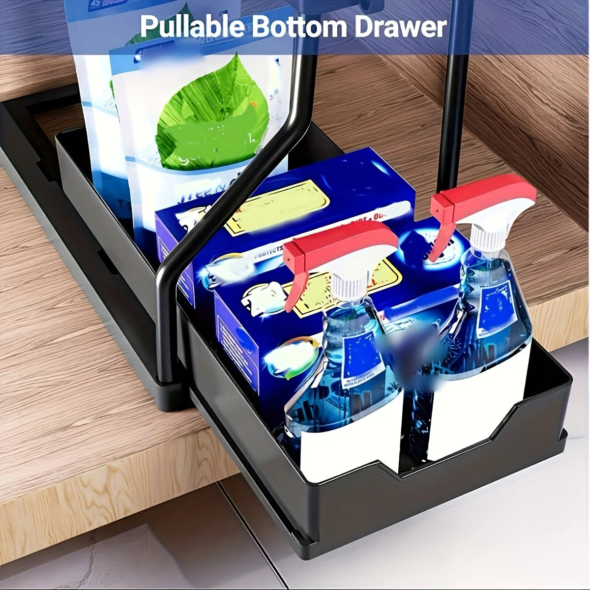 Space Saving 2 Tier Pull Out Storage Box Durable Large Capacity Kitchen Bathroom Essential Drawer Organizer