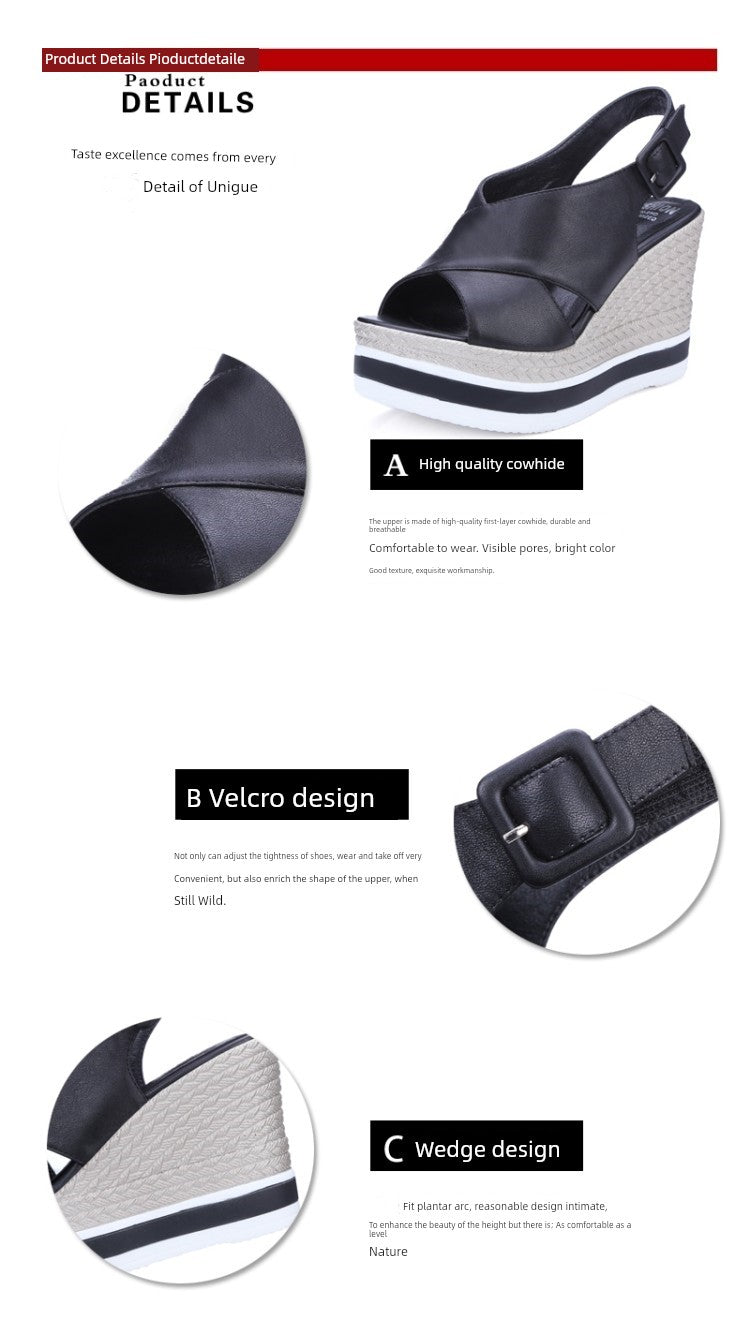 Genuine Leather Wedge Sandals Women's 2025 Summer New Arrival First Layer Cowhide High Heels All-Matching Platform Shoes Thick Sole Roman Shoes