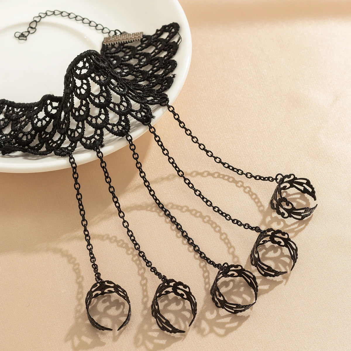 Creative Vintage Black Lace Finger Wrist Chain Rings Bracelets for Women Metal Connecting Hand Harness Bangles Christmas Jewelry