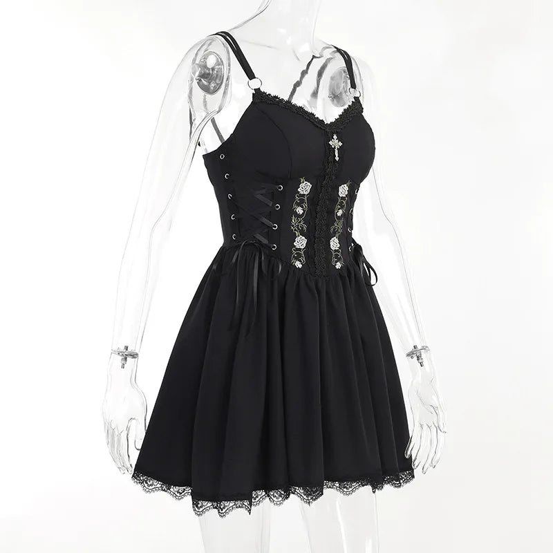 Goth Dark Lolita Gothic Aesthetic Bandage Corset Dresses Grunge Style Black Embroidery Emo Dress Women A-line Party Alt Clothes