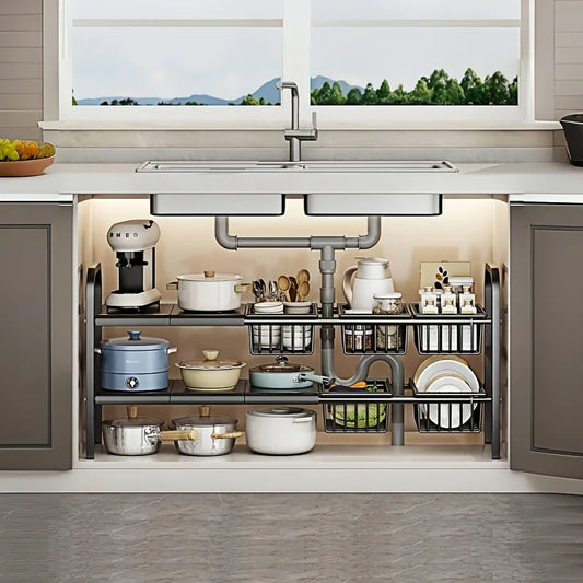 HOMEFISH 1pc 2-Tier Under Sink Organizers,Kitchen Pot Rack, Bathroom, Washbasin, Cabinet Layered Storage Rack, Storage Basket Ca