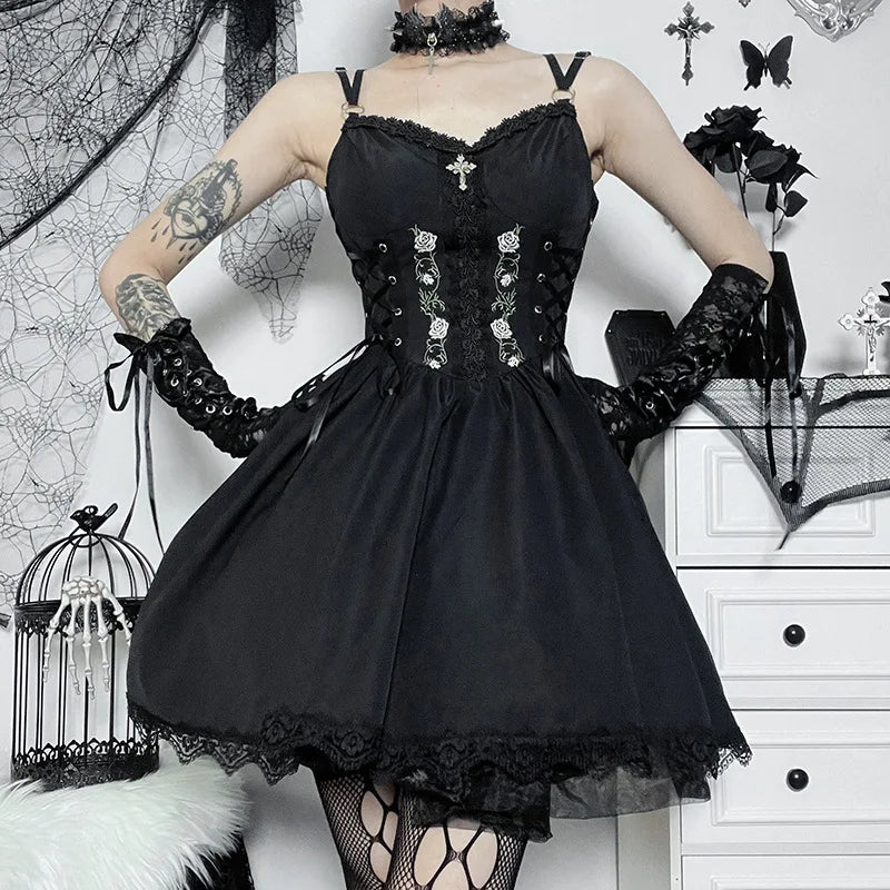 Goth Dark Lolita Gothic Aesthetic Bandage Corset Dresses Grunge Style Black Embroidery Emo Dress Women A-line Party Alt Clothes