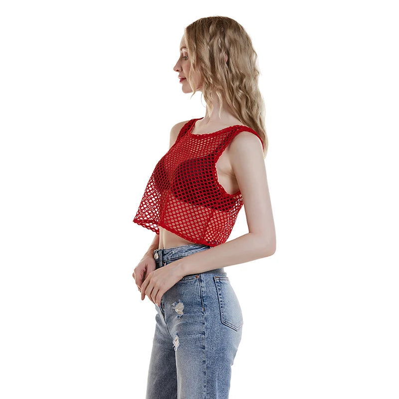 Sexy Black/Red Hollow Out Crop Top 2023 Mesh T-shirt Female Loose Fashion Summer Basic Tops For Women Fishnet Shirt