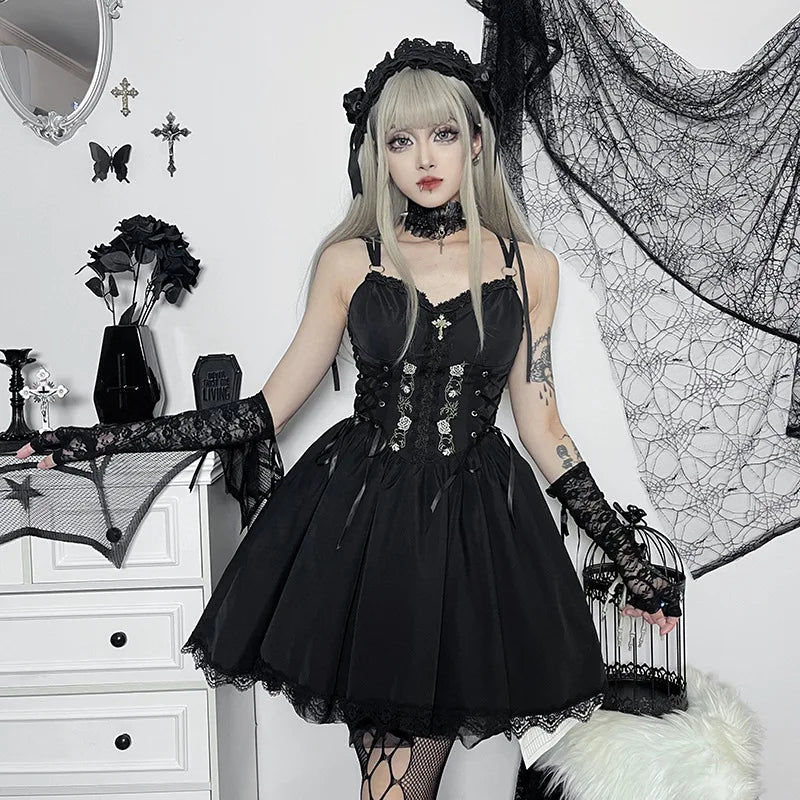 Goth Dark Lolita Gothic Aesthetic Bandage Corset Dresses Grunge Style Black Embroidery Emo Dress Women A-line Party Alt Clothes