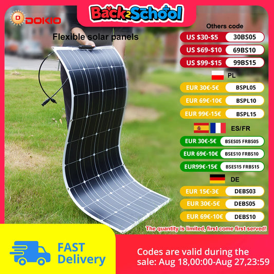 DOKIO 18V 100W/200W/400W Flexible Solar Panels Waterproof Monocrystalline Solar Panel Camping RV Home Charge 12V