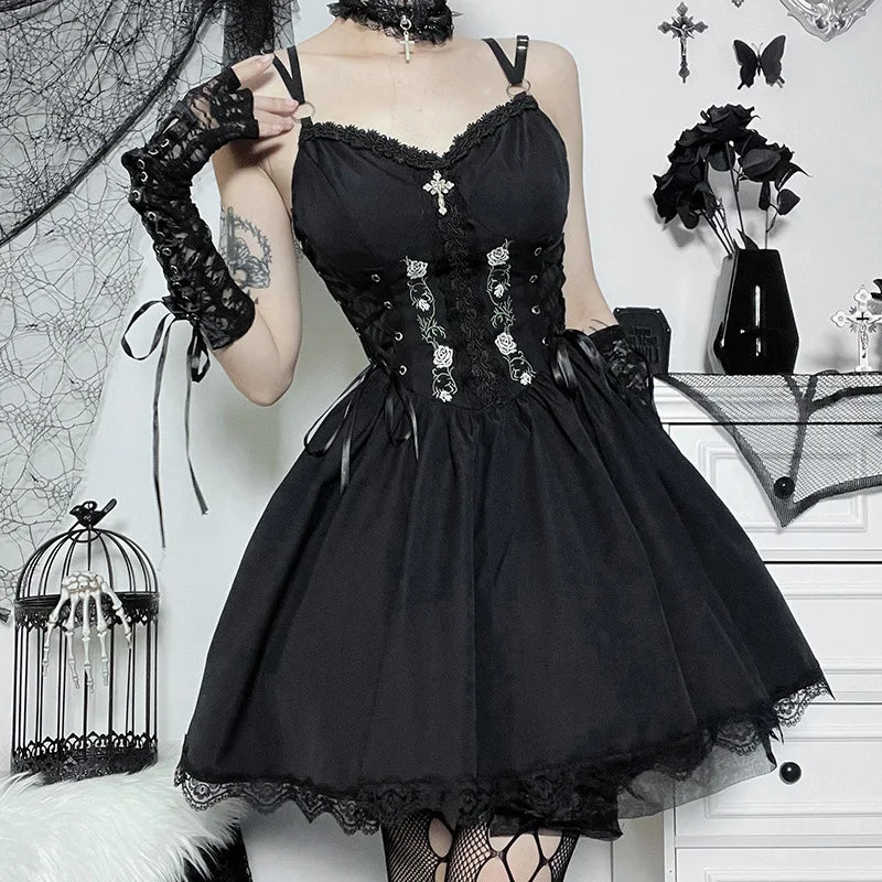 Goth Dark Lolita Gothic Aesthetic Bandage Corset Dresses Grunge Style Black Embroidery Emo Dress Women A-line Party Alt Clothes