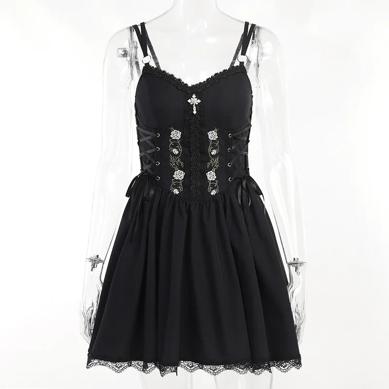Goth Dark Lolita Gothic Aesthetic Bandage Corset Dresses Grunge Style Black Embroidery Emo Dress Women A-line Party Alt Clothes