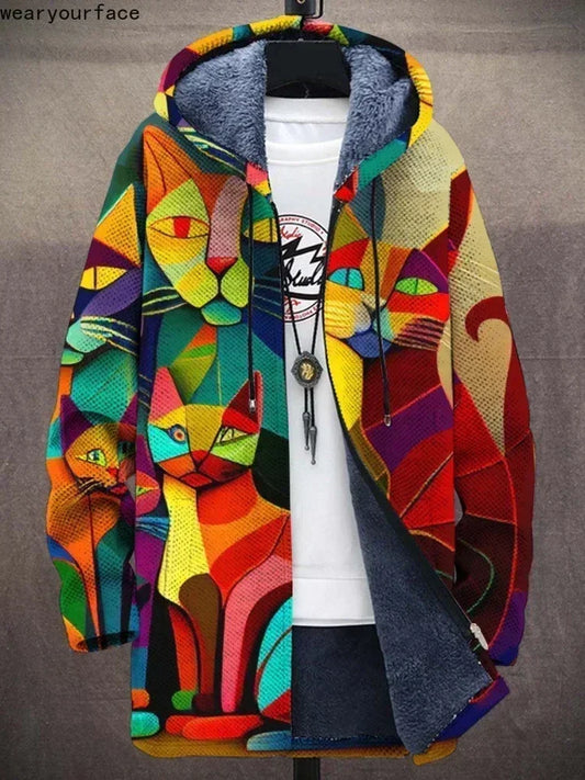 Men Jackets Coats Cute Cats Kitty Printed Zipper Cardigans Cozy Art Graphics Plush Thick Winter Warm Casual Streetwear Clothing