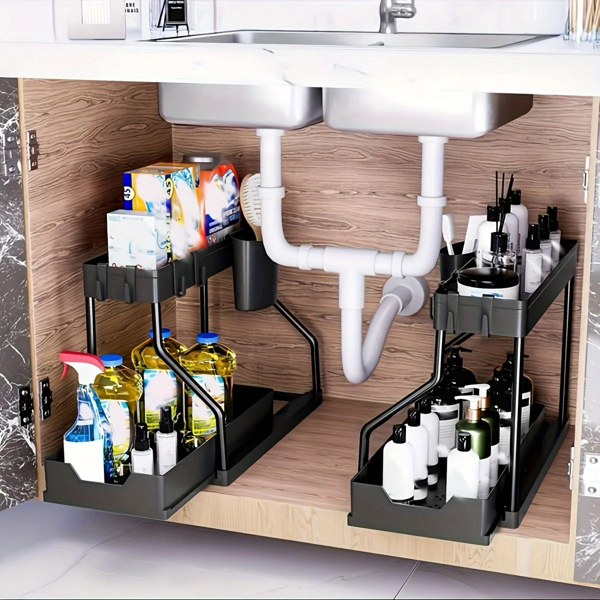 Space Saving 2 Tier Pull Out Storage Box Durable Large Capacity Kitchen Bathroom Essential Drawer Organizer