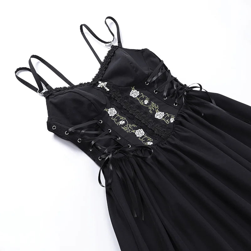 Goth Dark Lolita Gothic Aesthetic Bandage Corset Dresses Grunge Style Black Embroidery Emo Dress Women A-line Party Alt Clothes