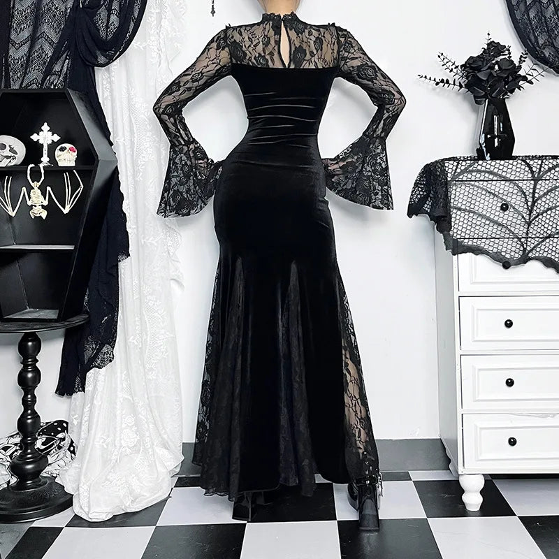 Aesthetic Gothic Midi Dress Women Vintage Split Maxi Dresses Vintage Black Velvet Chain Patchwork Bodycon Long Dress Grunge Robe