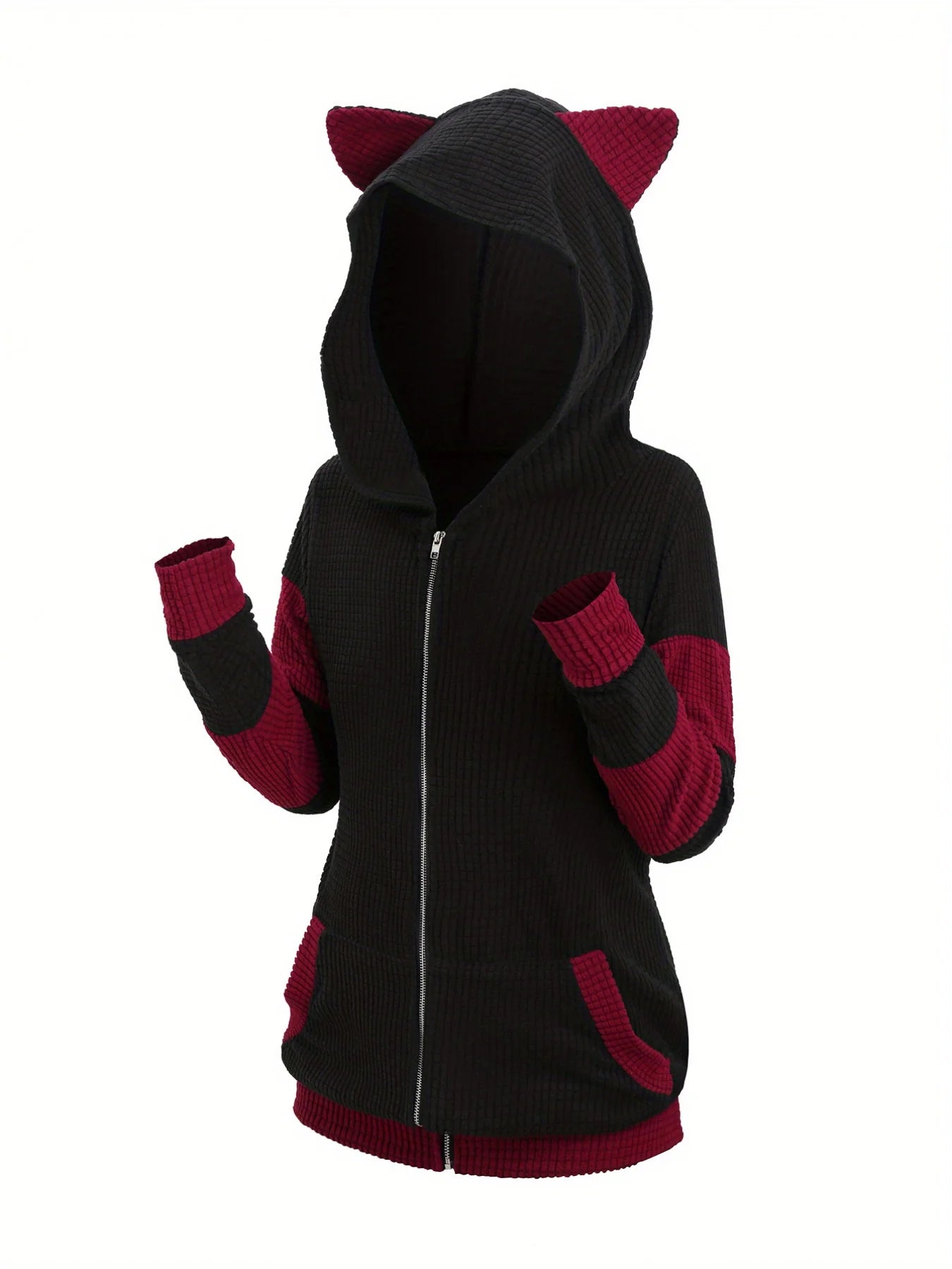 2024 European and American fashion women's new thick cat ears in autumn and winter long color matching hooded sweater coat